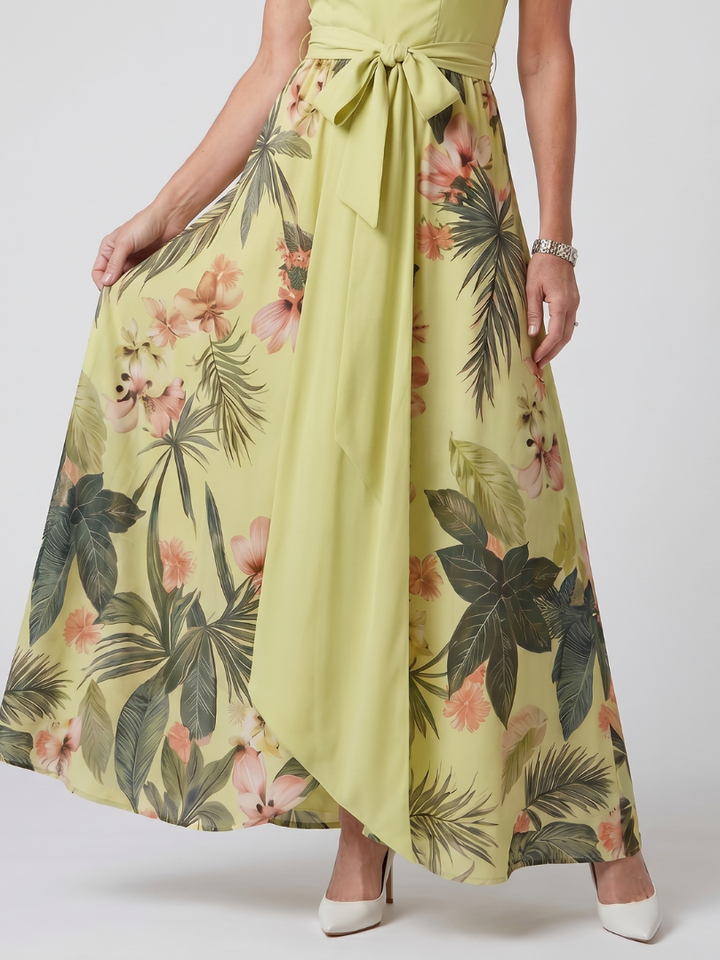Nicole | Draped Halter Botanical Panel Maxi Dress