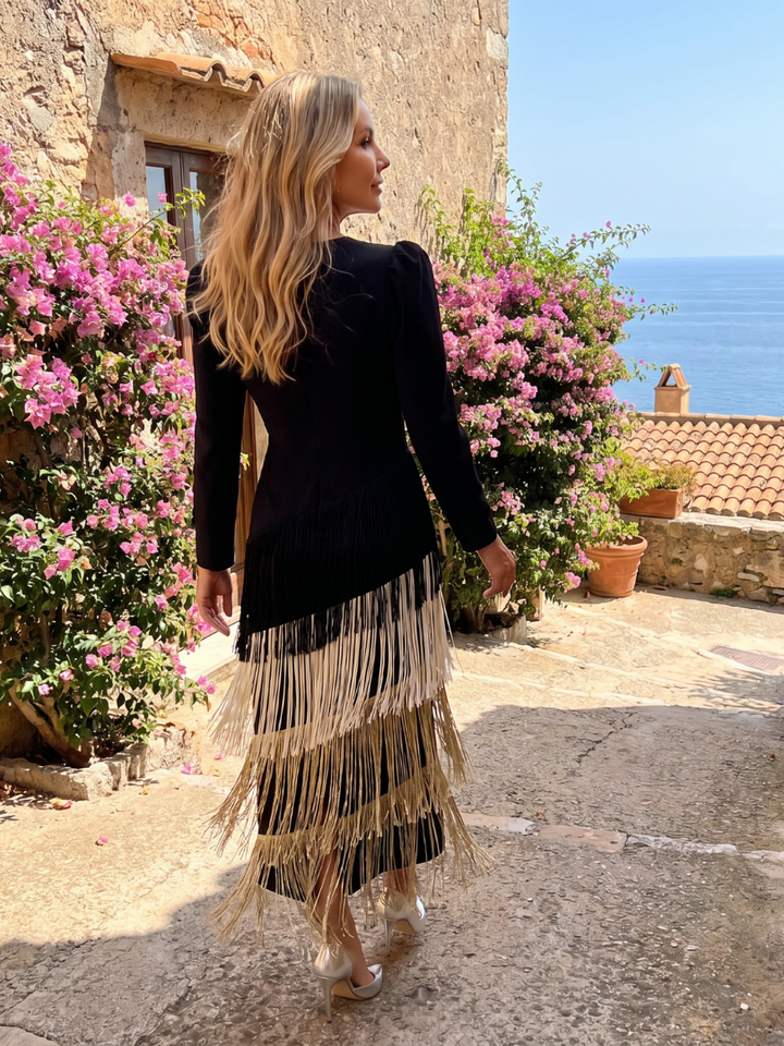 Kylie | Long Sleeve Soft Fringe Skirt Midi Dress