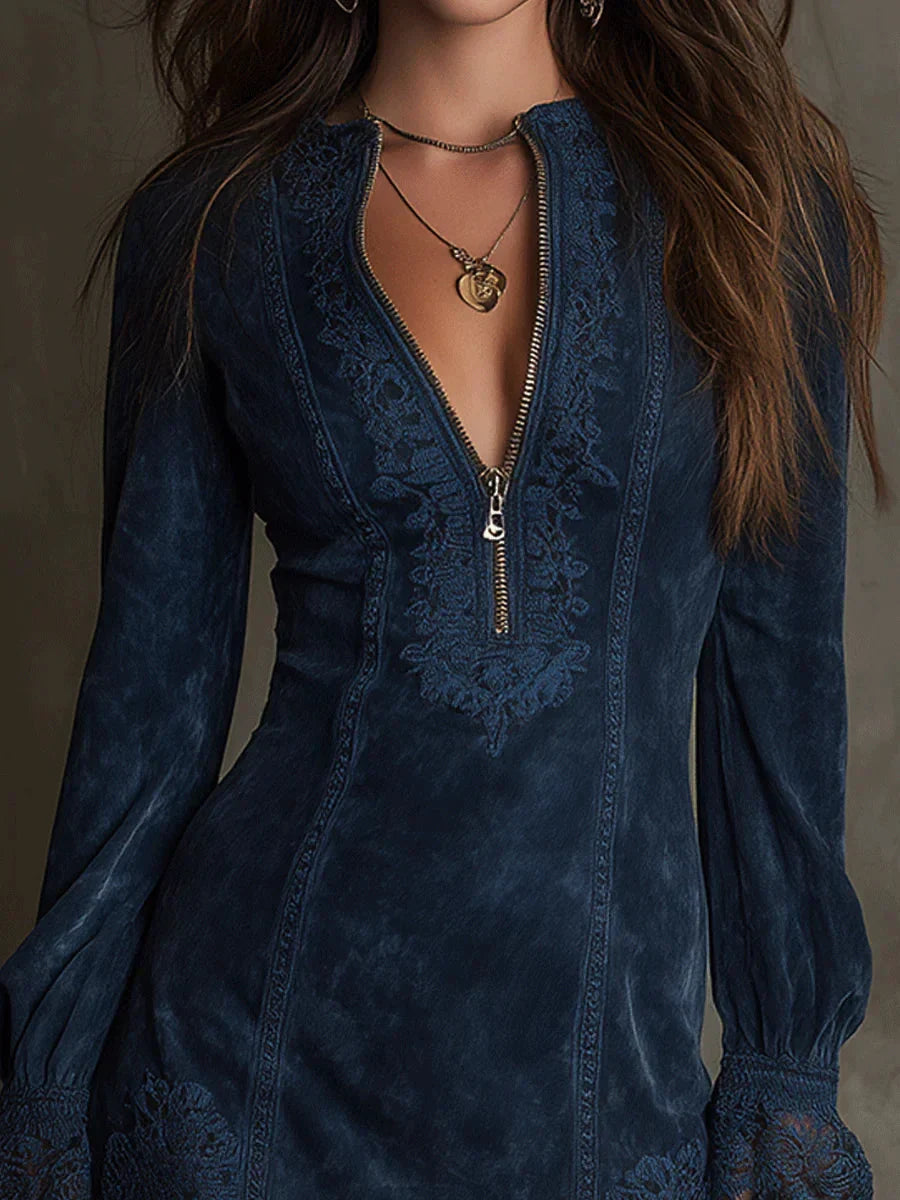 Jasmine – Blue Suede Mini Dress with Lace - Alurea & Co.