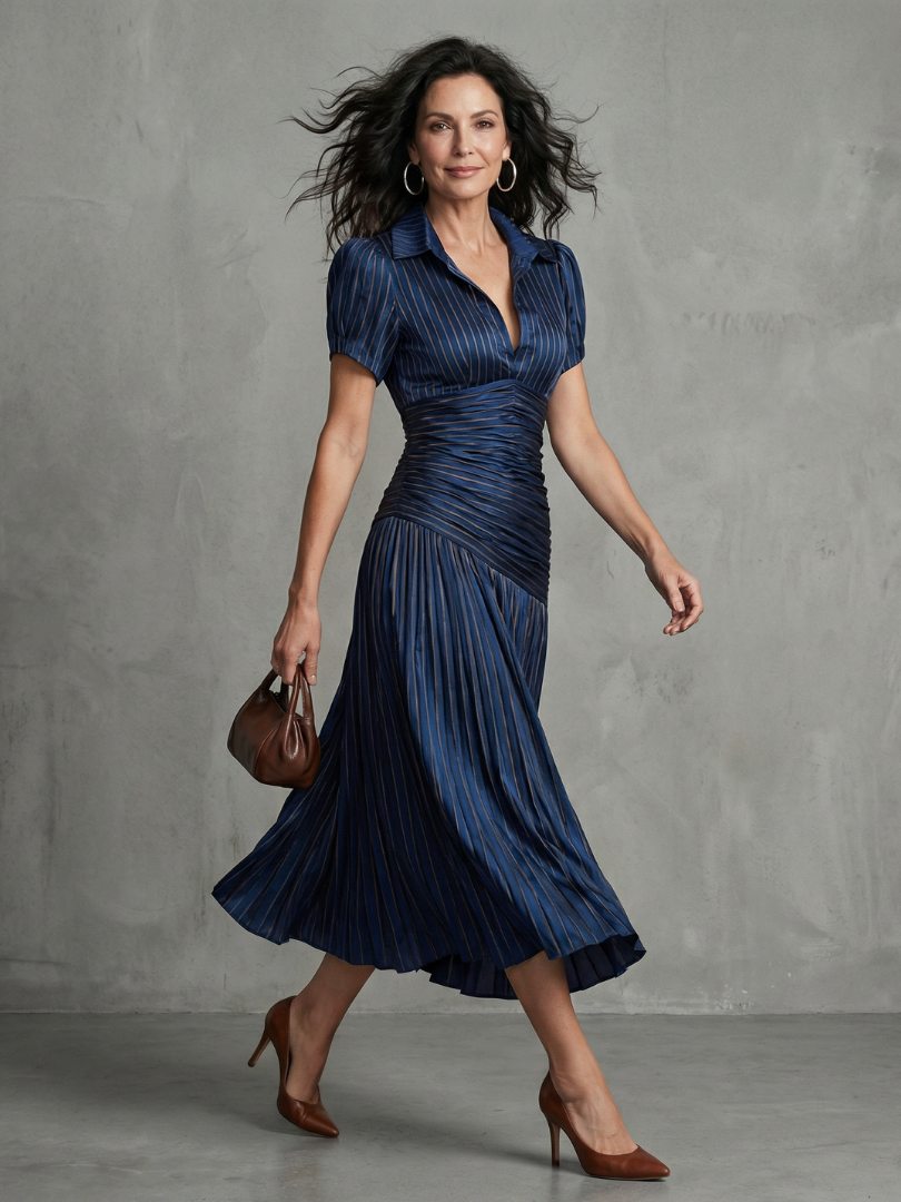 Kristen | Pleated Waistline Stripe Midi Dress