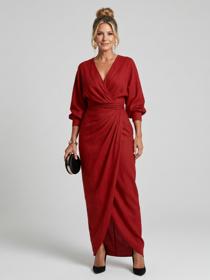 Mackenzie | Long Sleeve Wrap Overlap Skirt Midi Dress