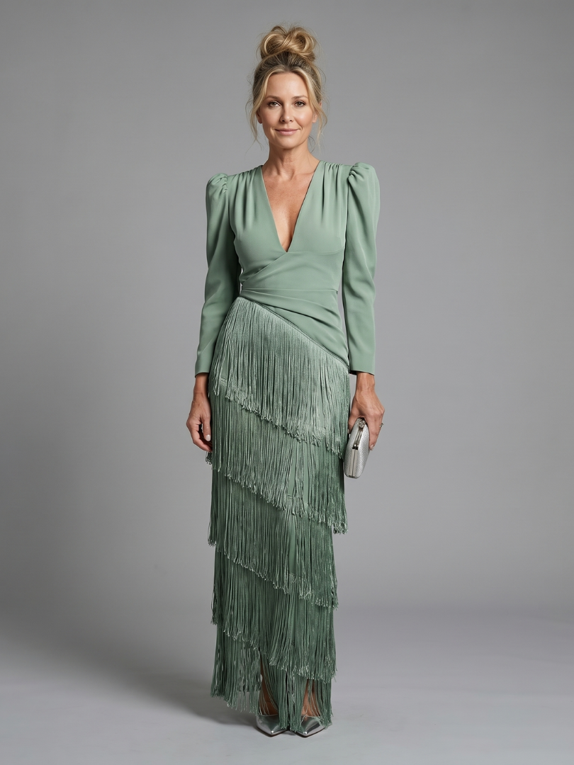 Kylie | Long Sleeve Soft Fringe Skirt Midi Dress