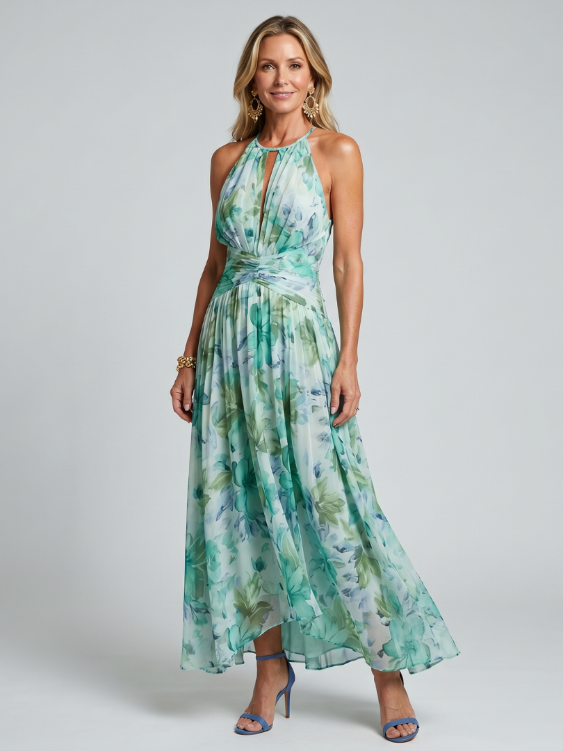 Sophie | Pleated Halter Soft Floral Pattern Midi Dress