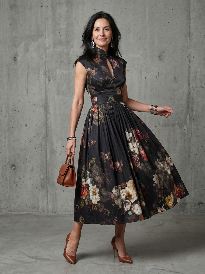 Sydney | High Neck Keyhole Floral Pleated Midi Dress