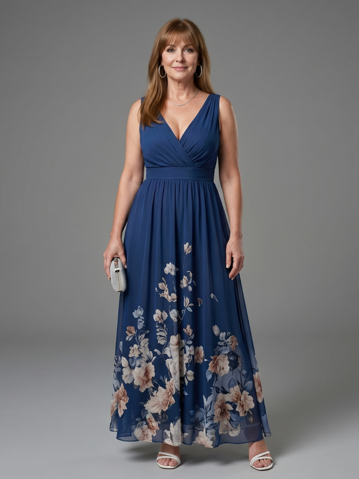 Taylor | Sleeveless V Neck Soft Floral Hem Midi Dress