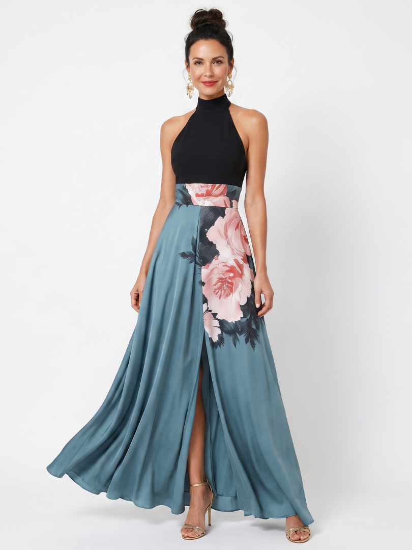 Hailey | Halter Bodice Floral Skirt Maxi Dress
