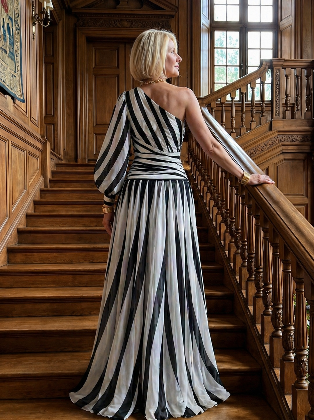Leah | Elegant Striped Maxi Dress with One Shoulder