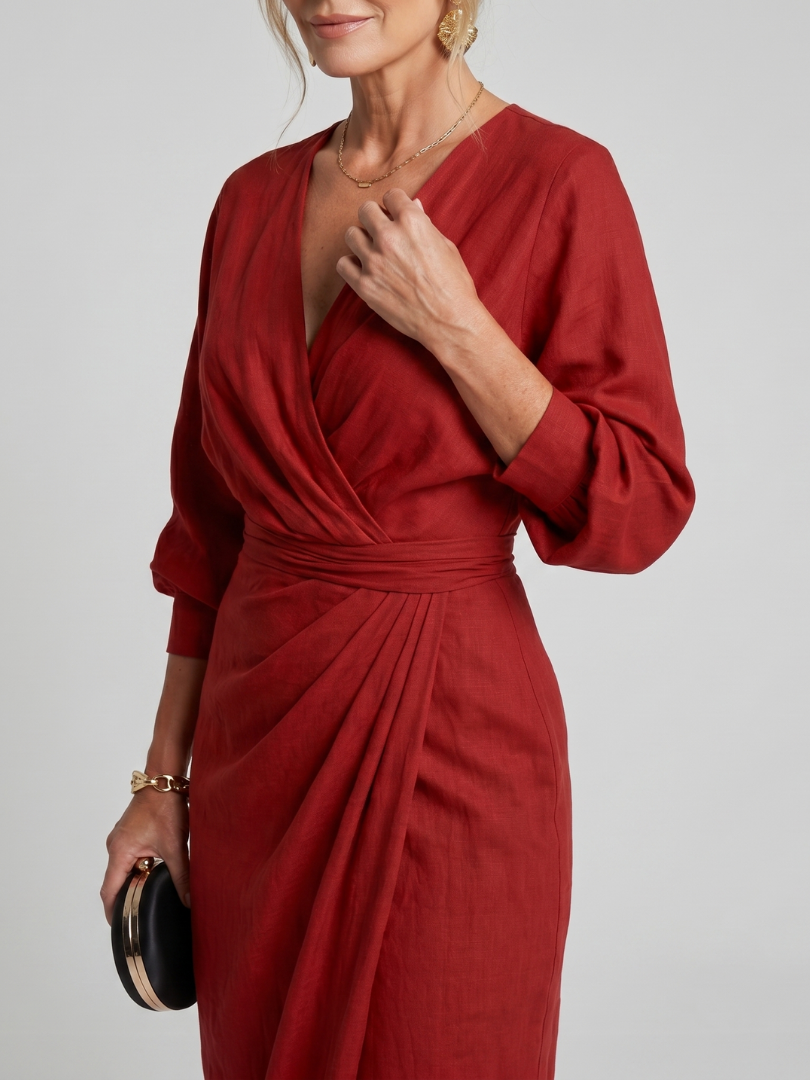 Mackenzie | Long Sleeve Wrap Overlap Skirt Midi Dress