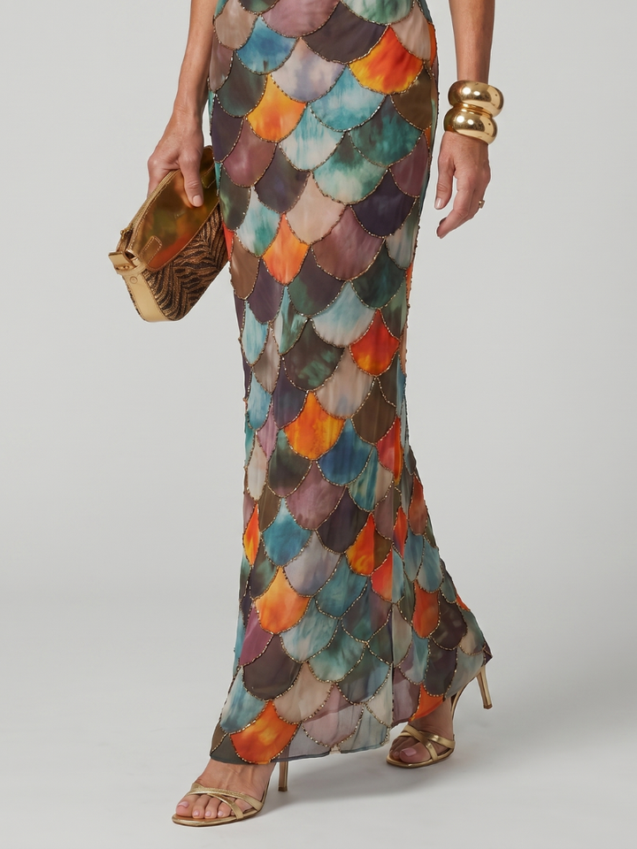 Ruby | Fitted Multicolor Scale Pattern Maxi Dress
