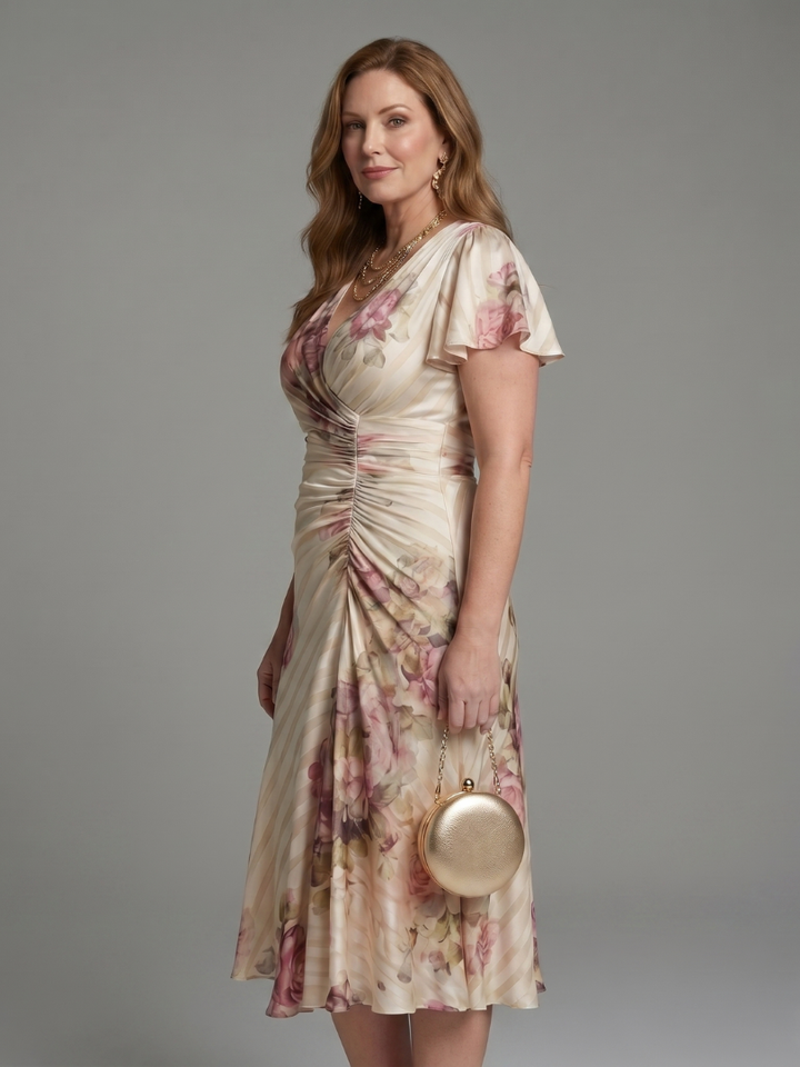 Melanie | Flutter Sleeve Wrap Floral Stripe Print Midi Dress