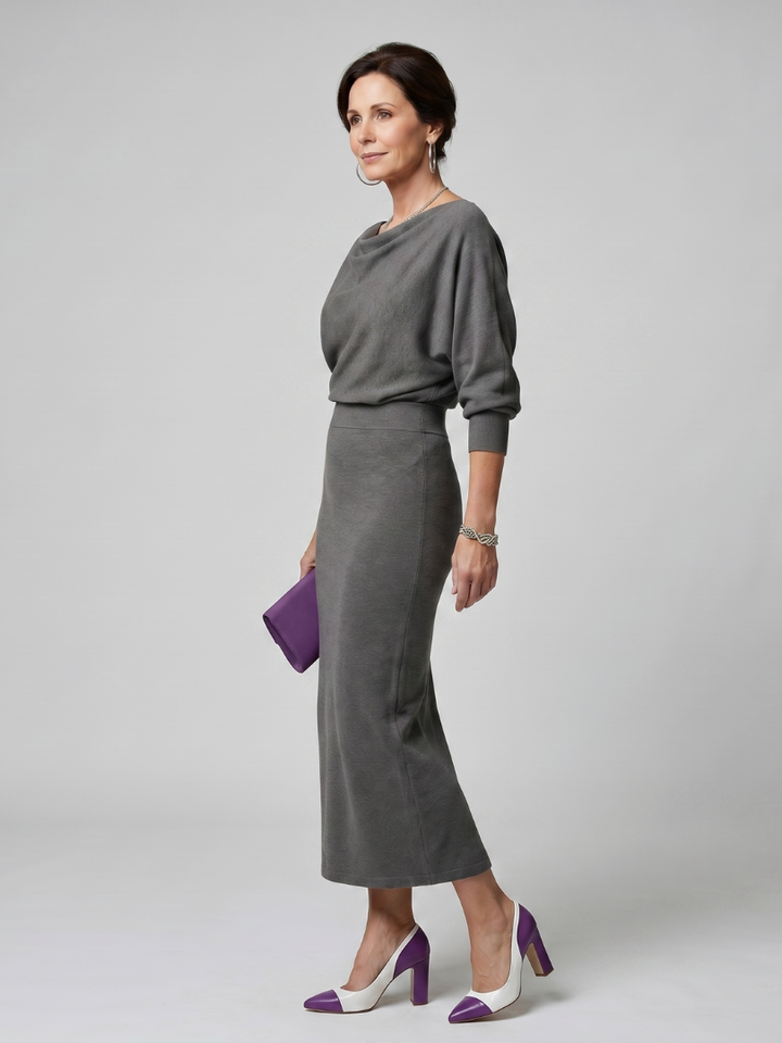 Ashley | Draped Neckline Fitted Skirt Midi Dress