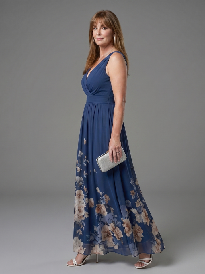 Taylor | Sleeveless V Neck Soft Floral Hem Midi Dress