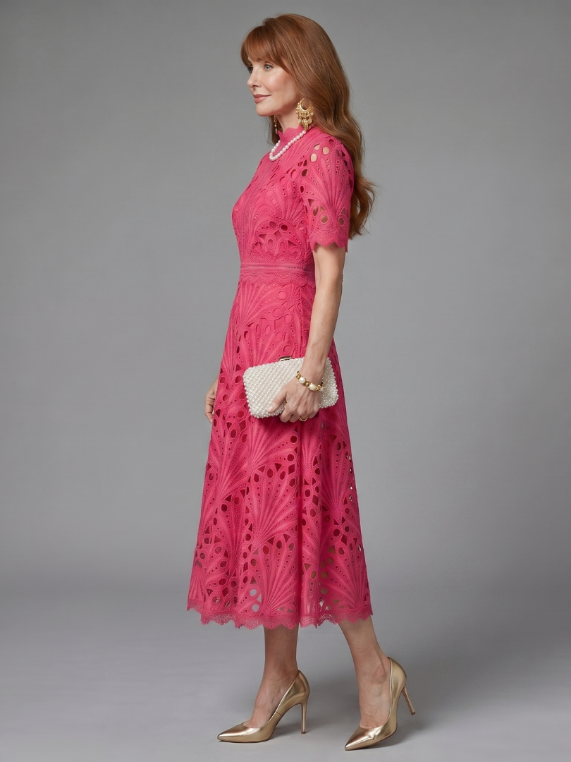 Brooke | Short Sleeve Eyelet Lace Fitted Waist Midi Dress