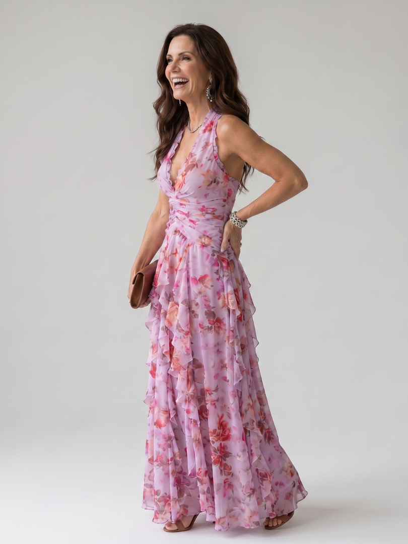 Tessa | Halter Neck Ruched Bodice Floral Maxi Dress