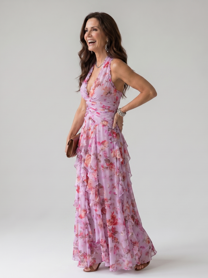 Tessa | Halter Neck Ruched Bodice Floral Maxi Dress