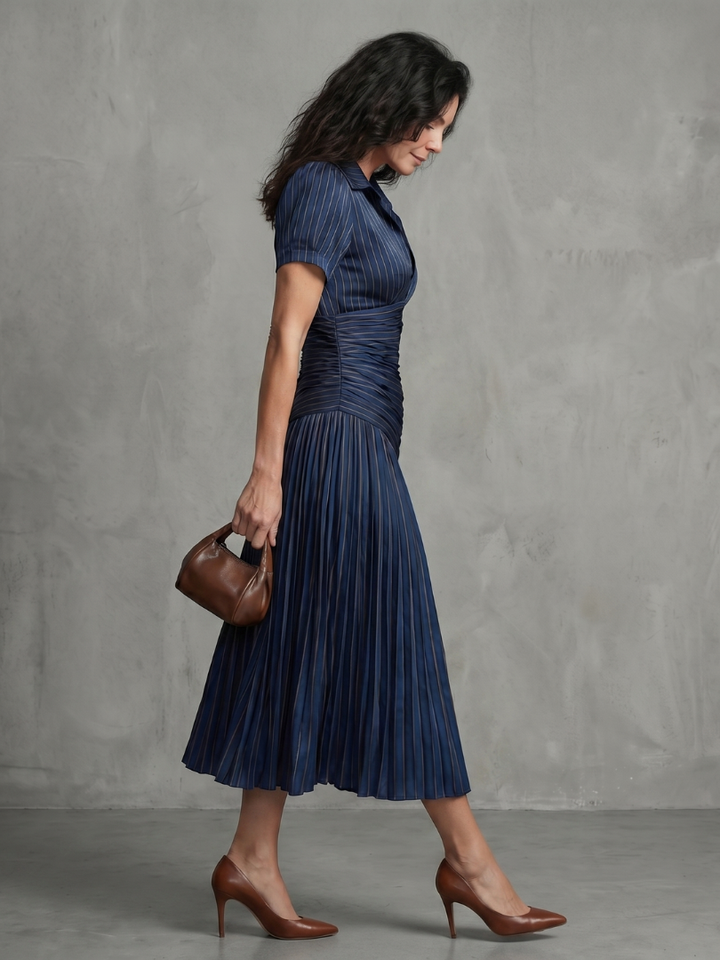 Erin | Pleated Waistline Stripe Midi Dress