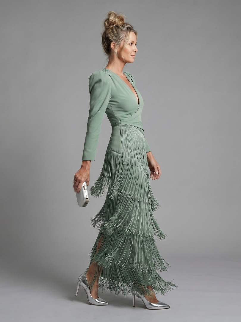 Kylie | Long Sleeve Soft Fringe Skirt Midi Dress