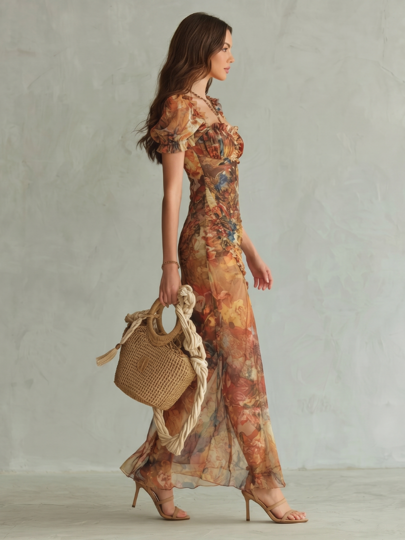 Vanessa | Ruffled Sleeve Ruched Slit Midi Dress