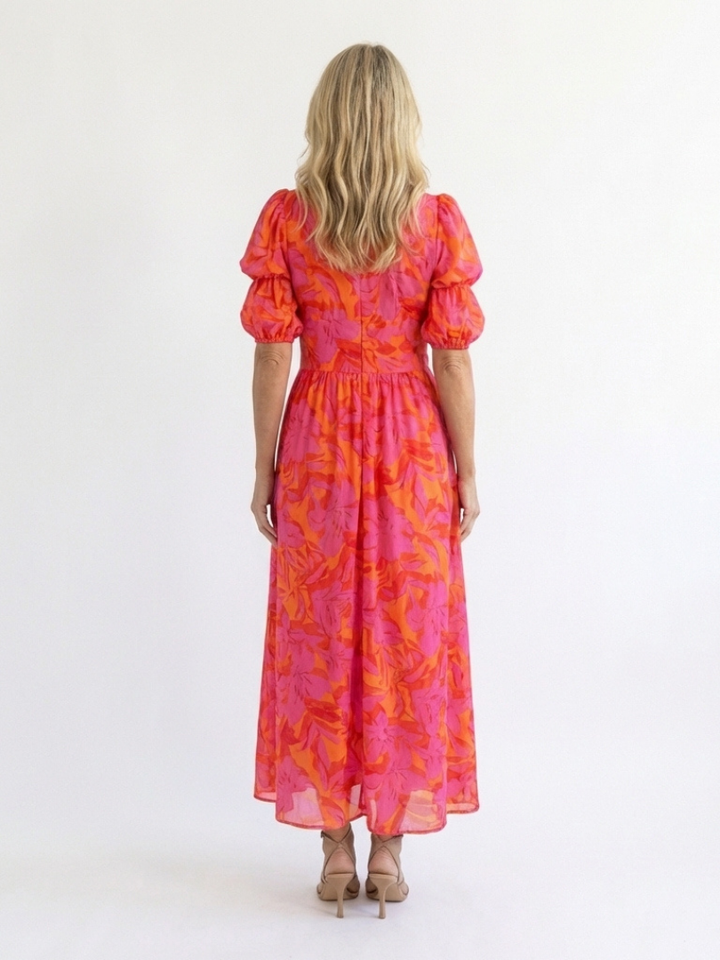 Chelsea | Floral V Neck Puff Sleeve Midi Dress