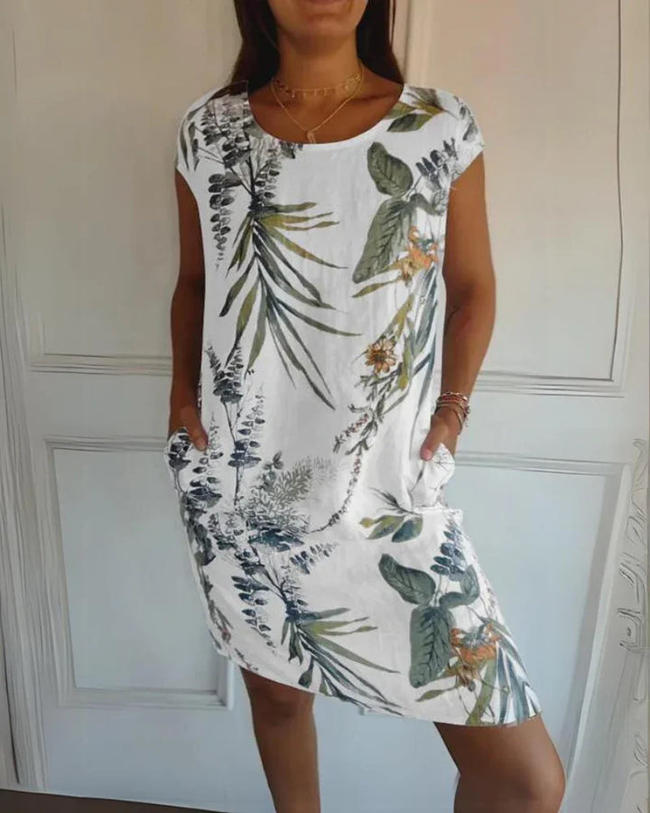 Joanna | Printed Cotton-Linen Dress with Round Neck - Alurea & Co.
