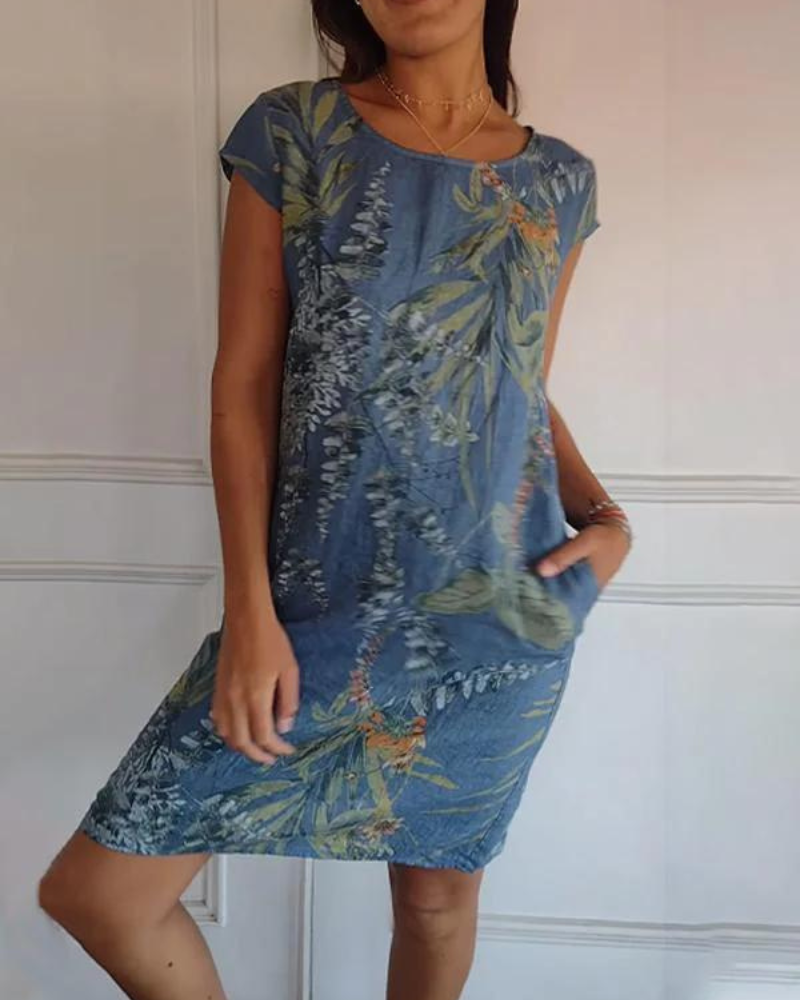 Joanna | Printed Cotton-Linen Dress with Round Neck - Alurea & Co.