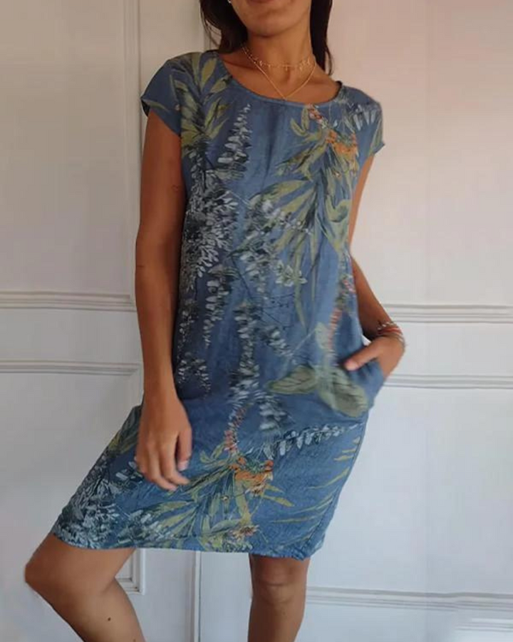 Joanna | Printed Cotton-Linen Dress with Round Neck - Alurea & Co.