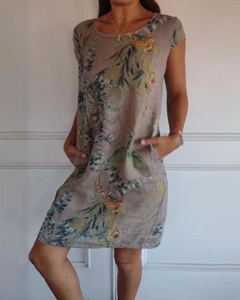 Joanna | Printed Cotton-Linen Dress with Round Neck - Alurea & Co.