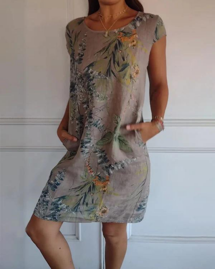 Joanna | Printed Cotton-Linen Dress with Round Neck - Alurea & Co.