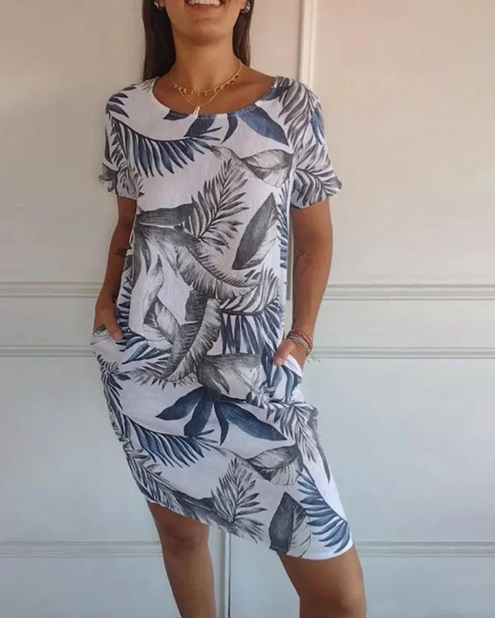 Joanna | Printed Cotton-Linen Dress with Round Neck - Alurea & Co.