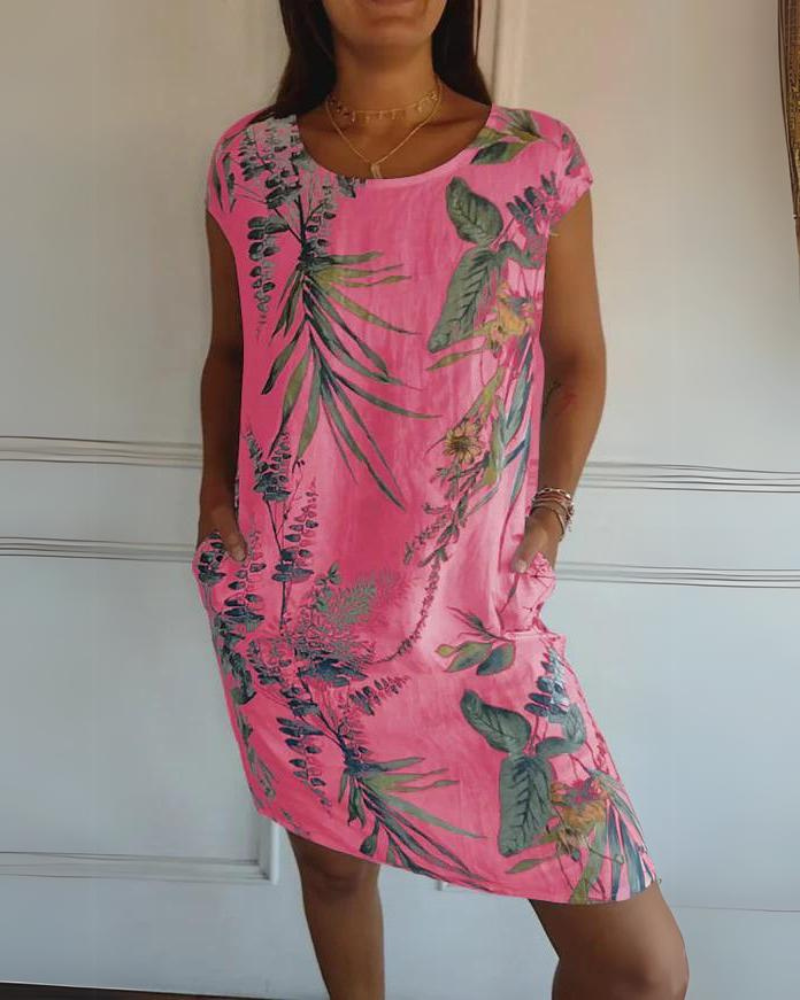 Joanna | Printed Cotton-Linen Dress with Round Neck - Alurea & Co.