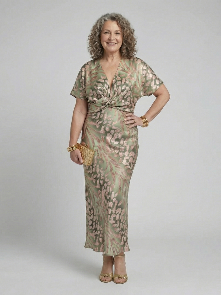 Emily | Abstract Print V Neck Twist Waist Midi Dress