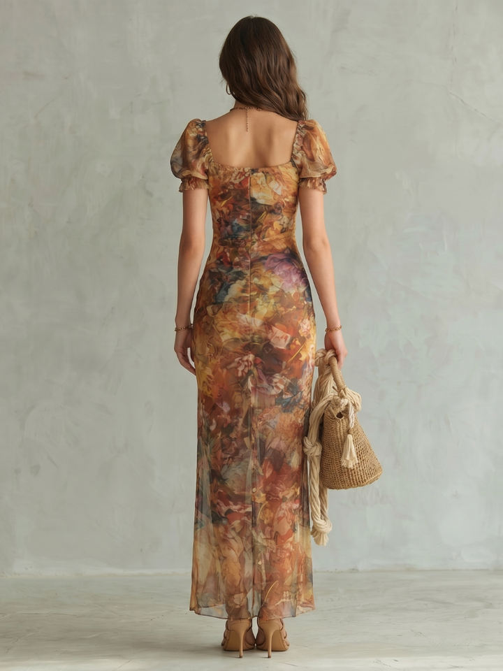 Vanessa | Ruffled Sleeve Ruched Slit Midi Dress