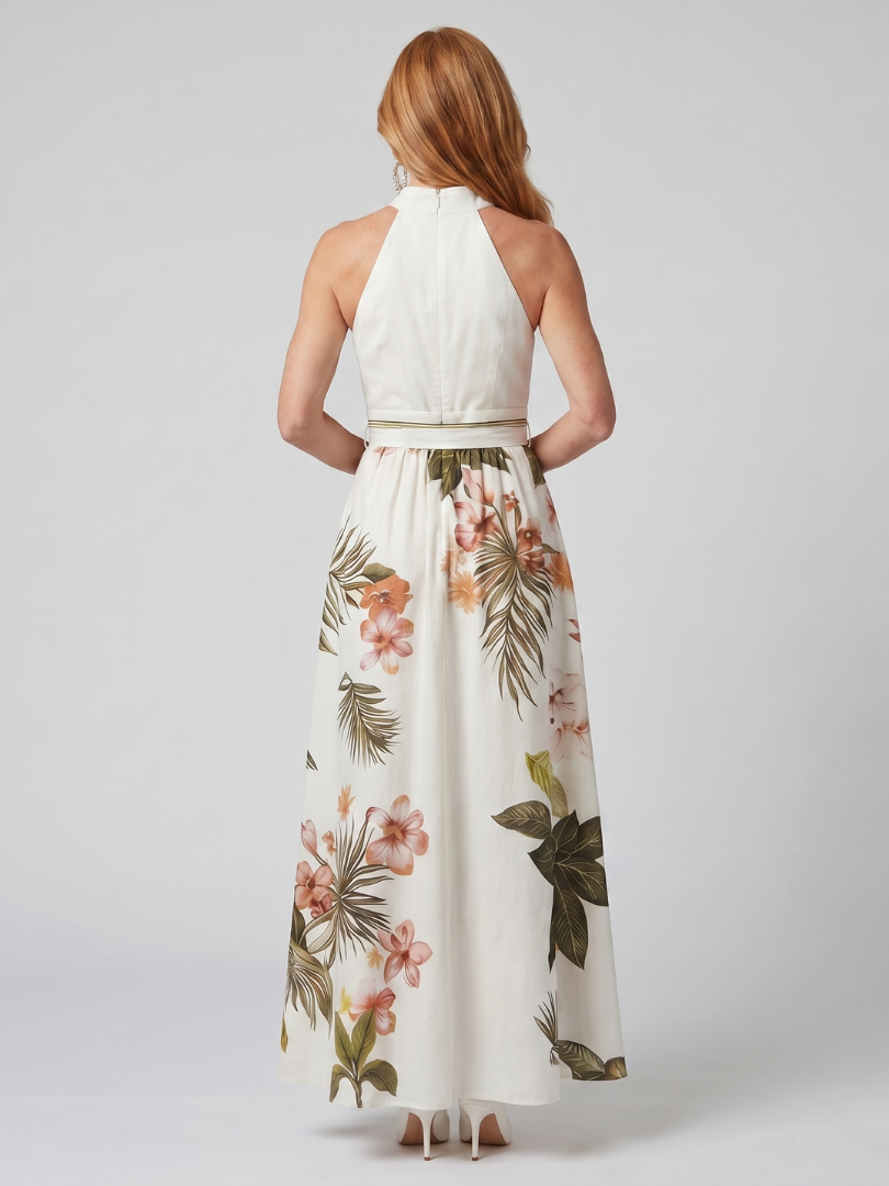Nicole | Draped Halter Botanical Panel Maxi Dress