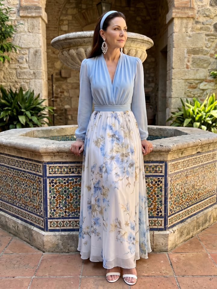 Kendall | V Neck Sheer Bodice Floral Maxi Dress