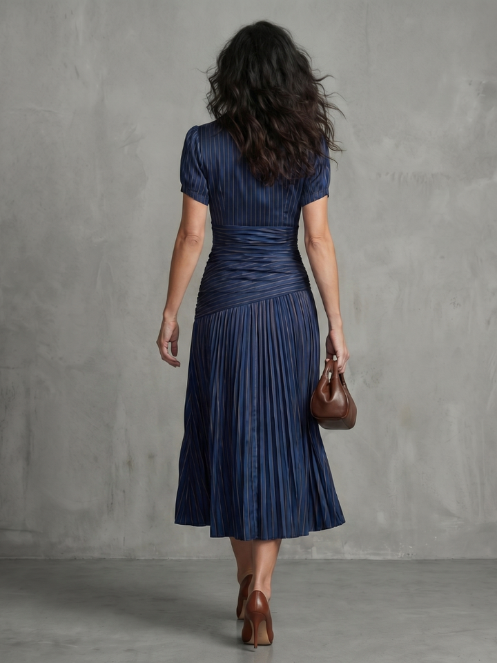 Kristen | Pleated Waistline Stripe Midi Dress
