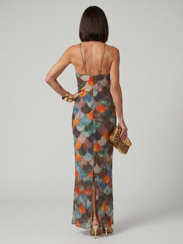 Ruby | Fitted Multicolor Scale Pattern Maxi Dress