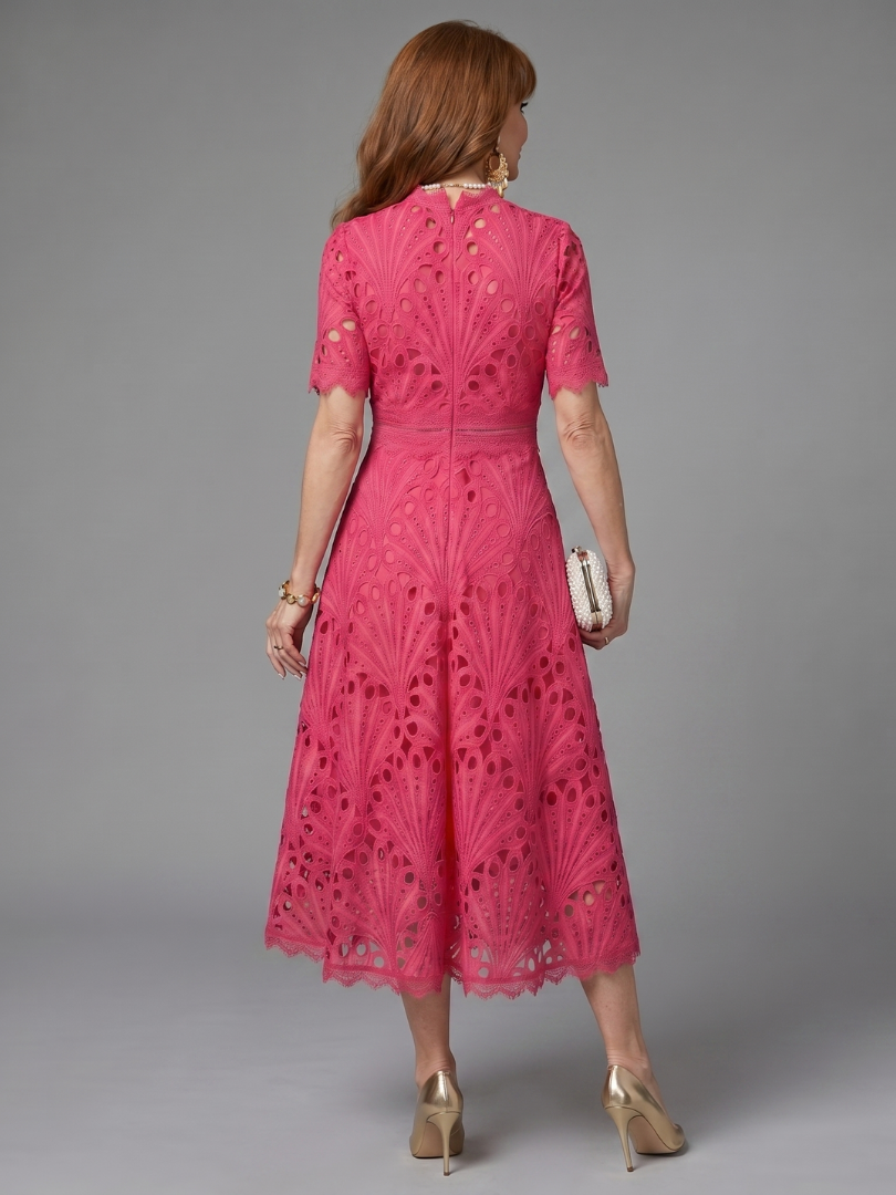 Brooke | Short Sleeve Eyelet Lace Fitted Waist Midi Dress