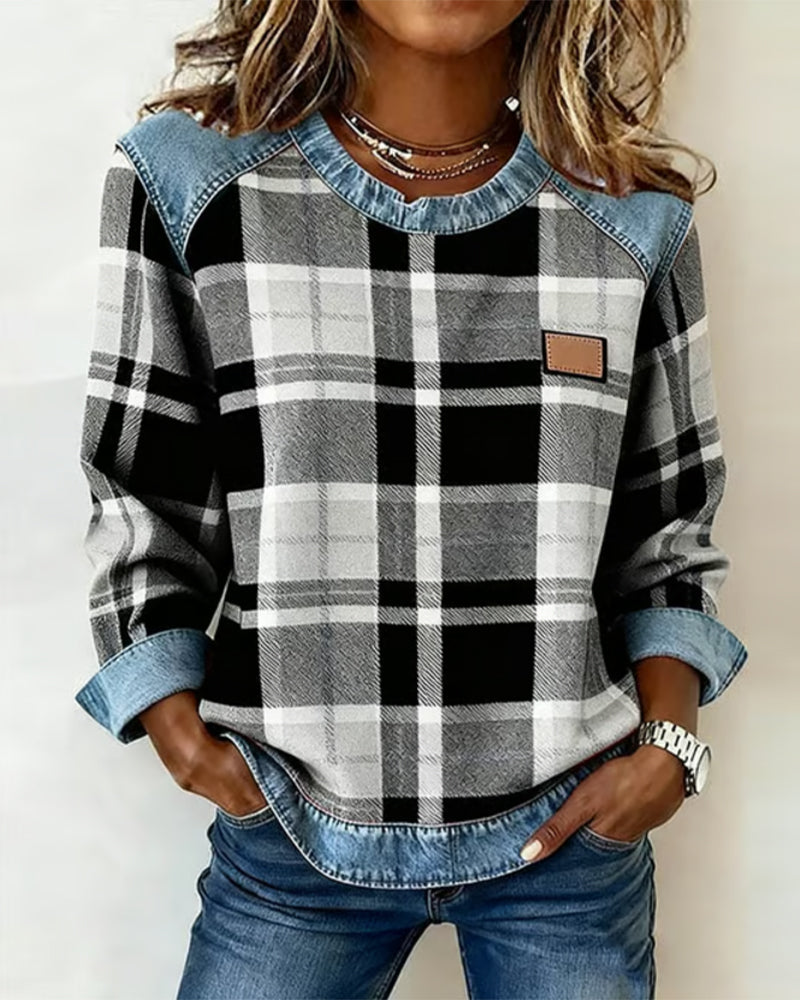 Ivy | Sweatshirt with Checkered Patchwork - Alurea & Co.