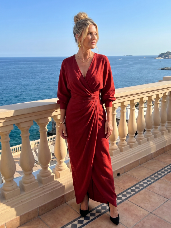 Mackenzie | Long Sleeve Wrap Overlap Skirt Midi Dress