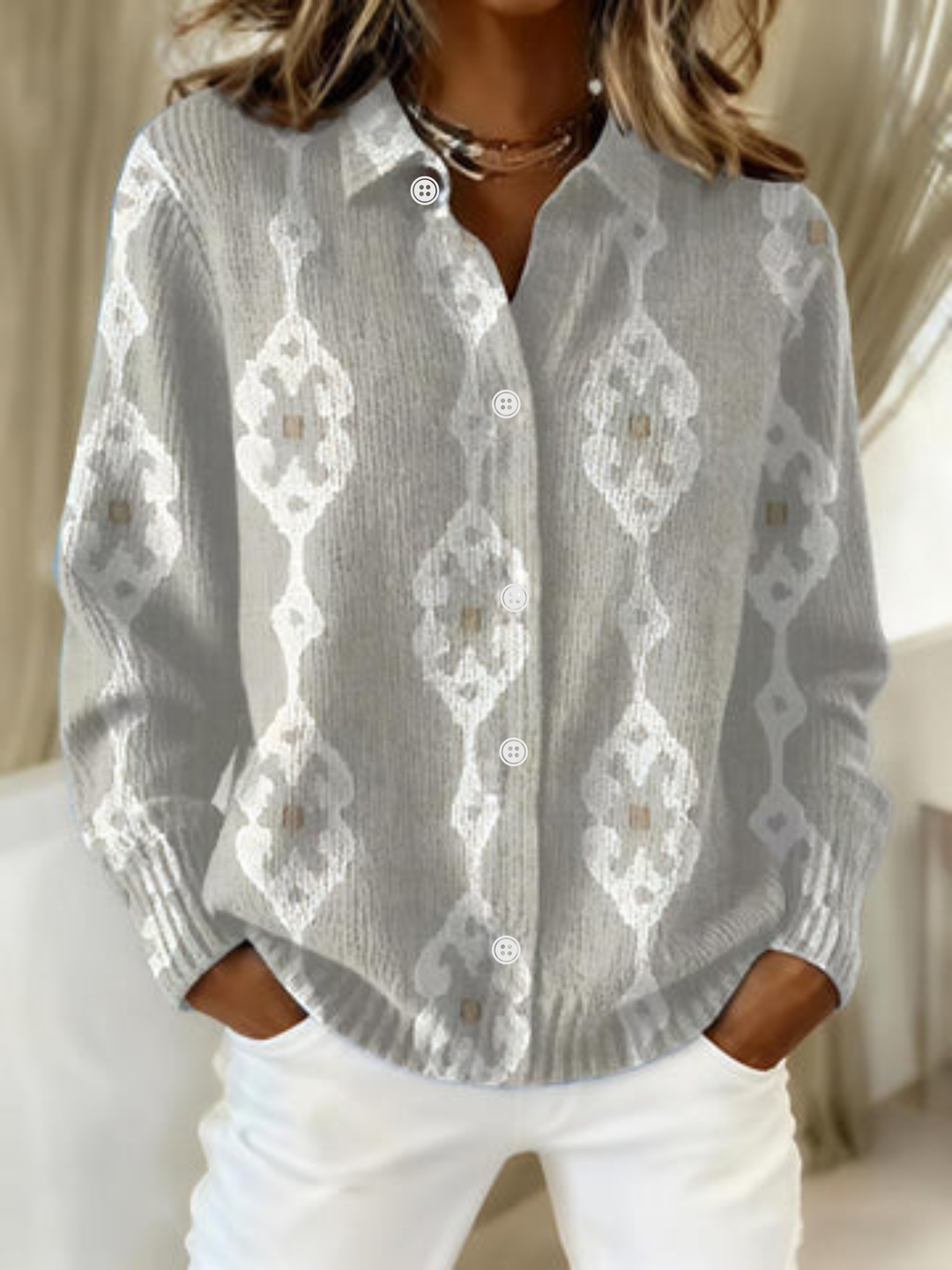 Renee™ – Elegant Knit Hoodie Blouse with Diamond Pattern - Alurea & Co.