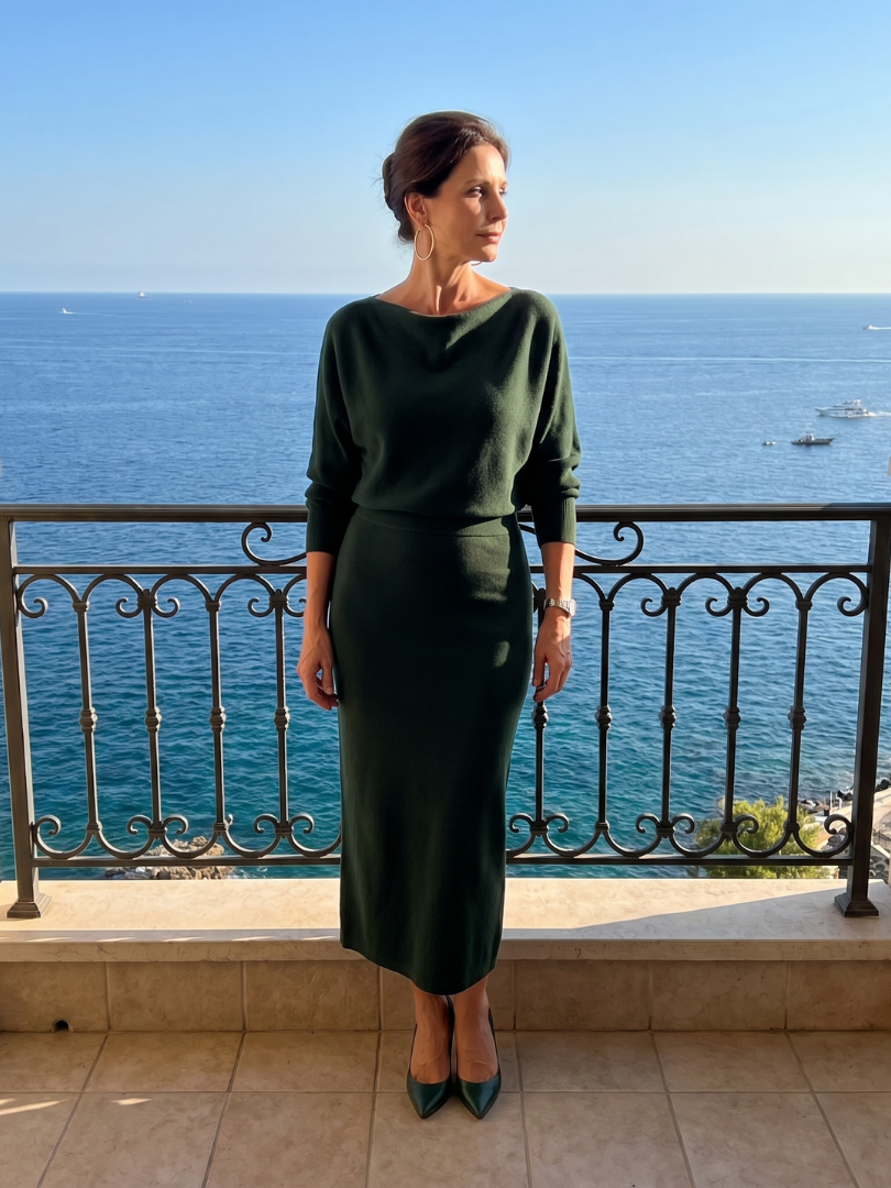 Ashley | Draped Neckline Fitted Skirt Midi Dress