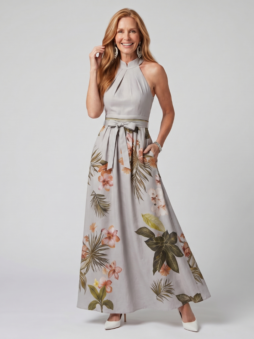 Nicole | Draped Halter Botanical Panel Maxi Dress