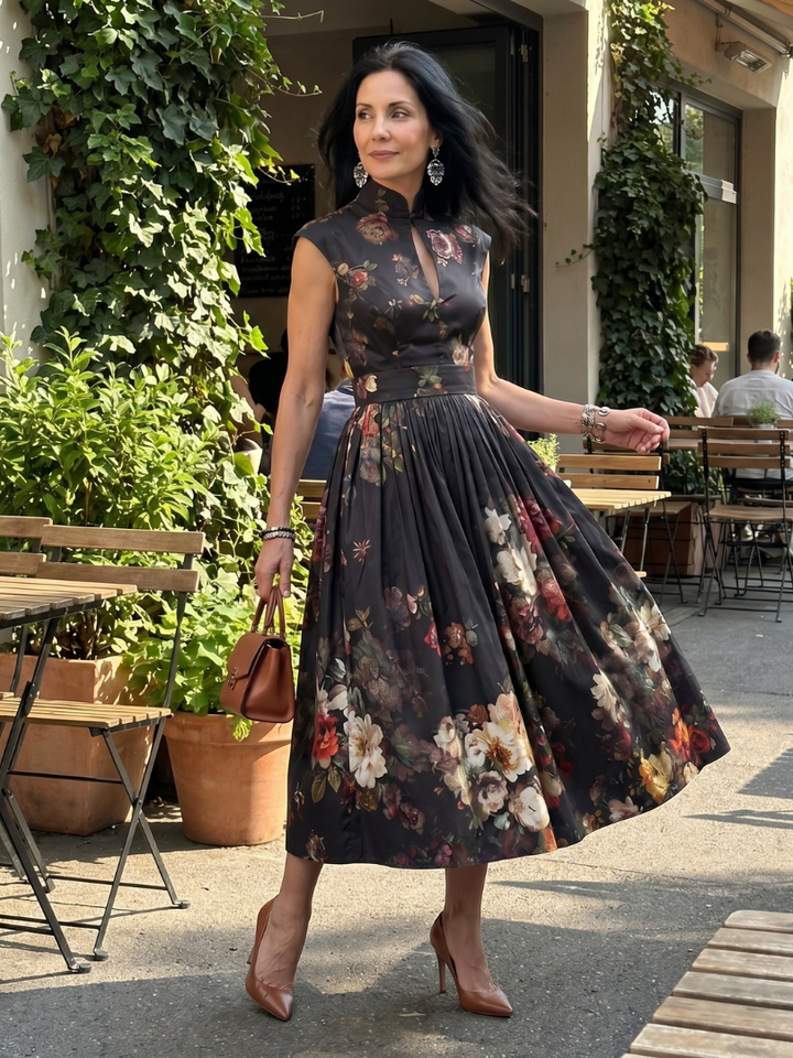 Sydney | High Neck Keyhole Floral Pleated Midi Dress