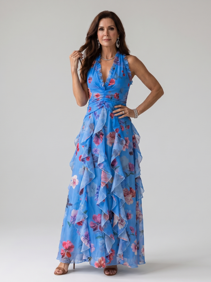 Tessa | Halter Neck Ruched Bodice Floral Maxi Dress