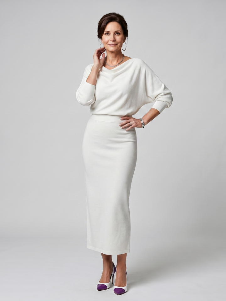 Ashley | Draped Neckline Fitted Skirt Midi Dress