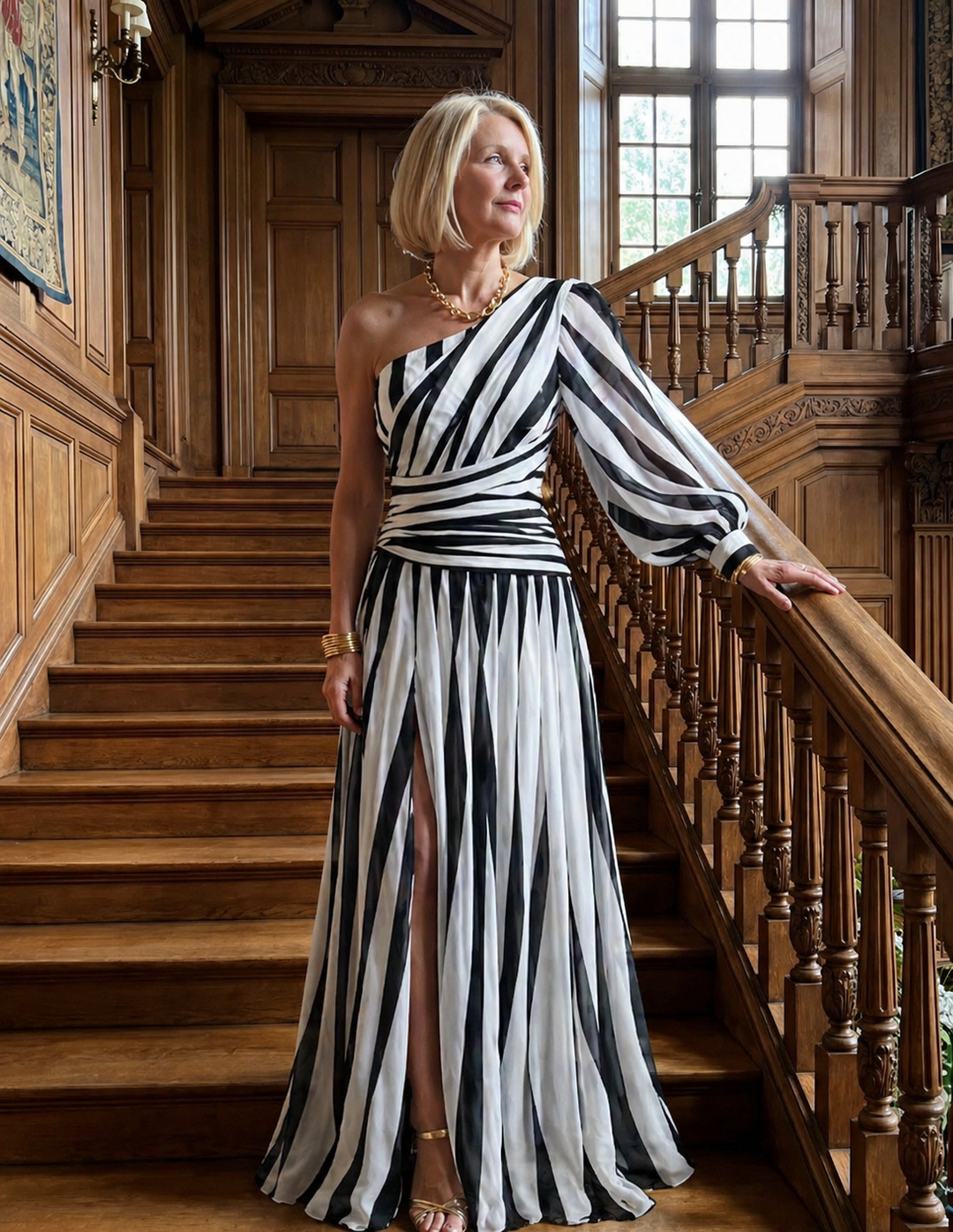 Leah | Elegant Striped Maxi Dress with One Shoulder