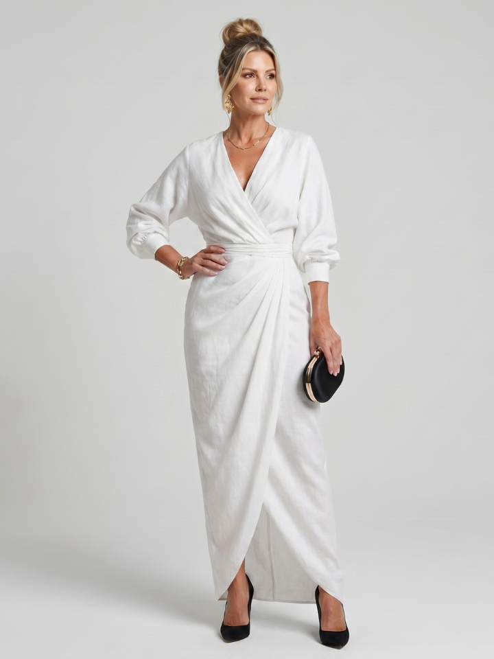 Mackenzie | Long Sleeve Wrap Overlap Skirt Midi Dress
