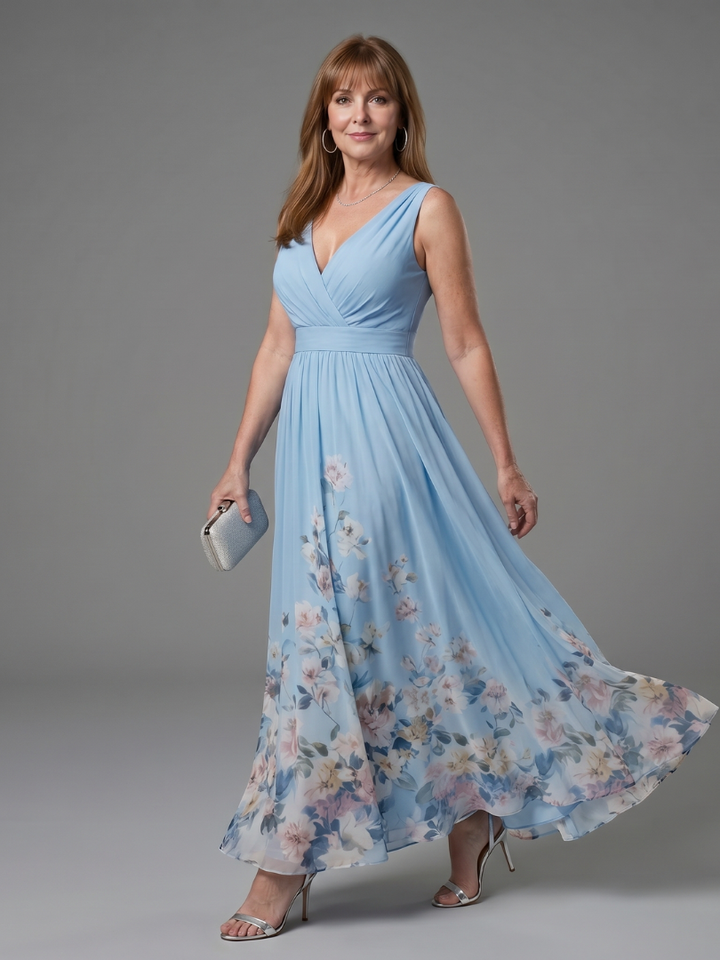Taylor | Sleeveless V Neck Soft Floral Hem Midi Dress