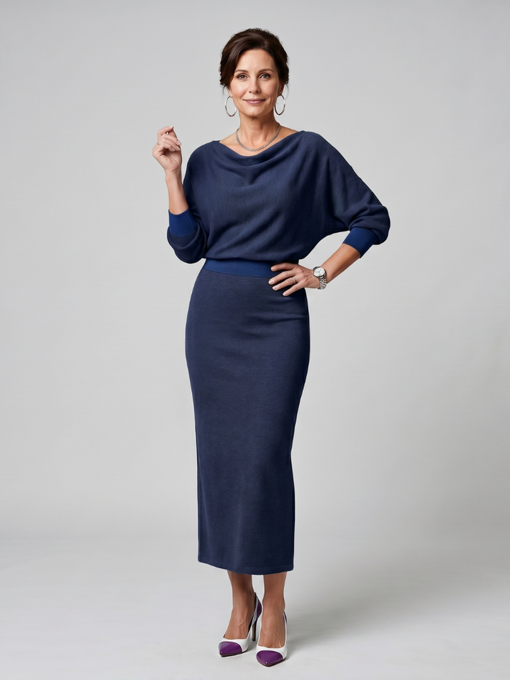 Ashley | Draped Neckline Fitted Skirt Midi Dress