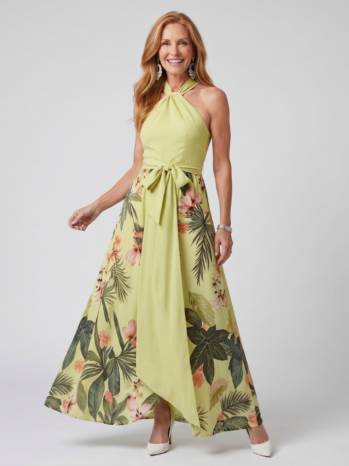 Nicole | Draped Halter Botanical Panel Maxi Dress